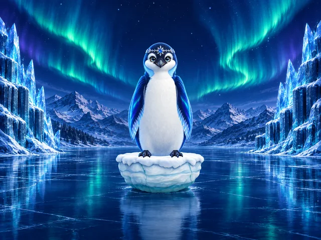 Eira on her iceberg beneath the northern lights